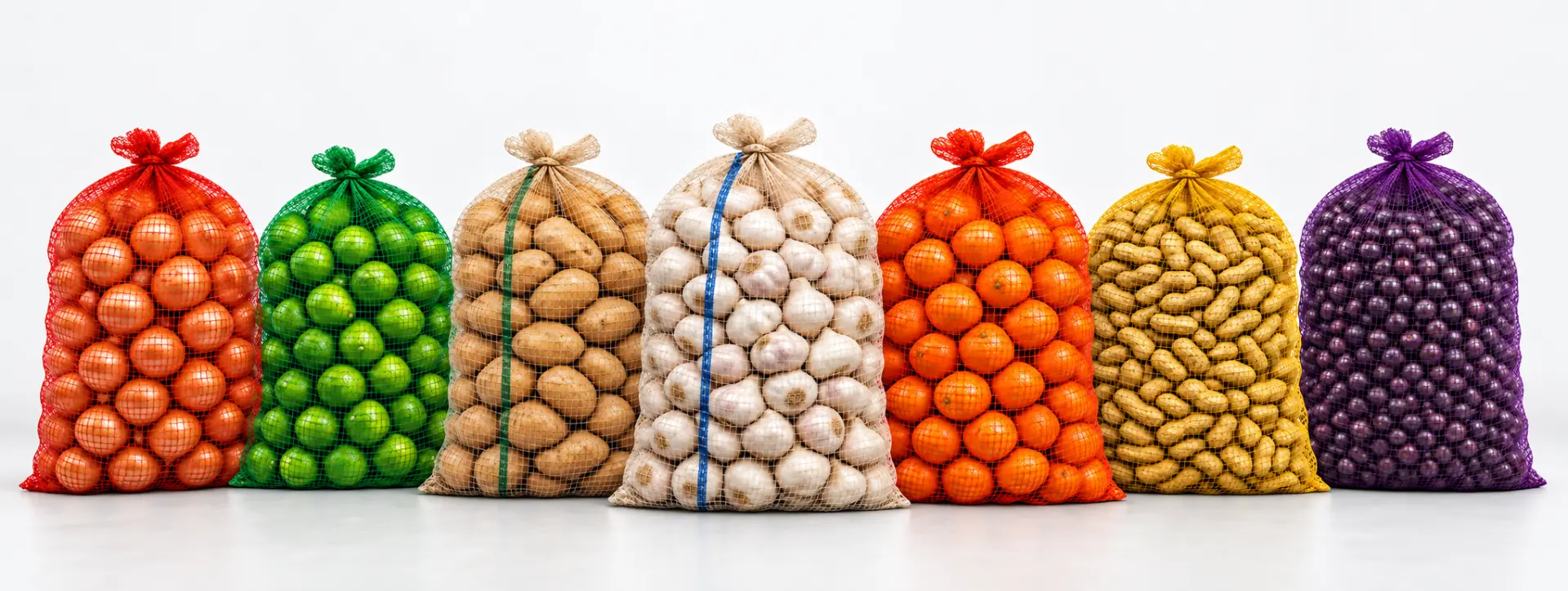 Línea completa de bolsas de malla Raschel para cebollas, limón, papas, ajo, naranja, maní y açaí